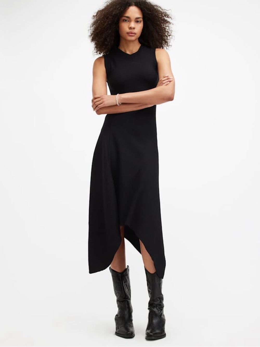 AllSaints Gia Asymmetrical Ribbed Midi/Maxi Dress Size 6 Black Handkerchief Hem